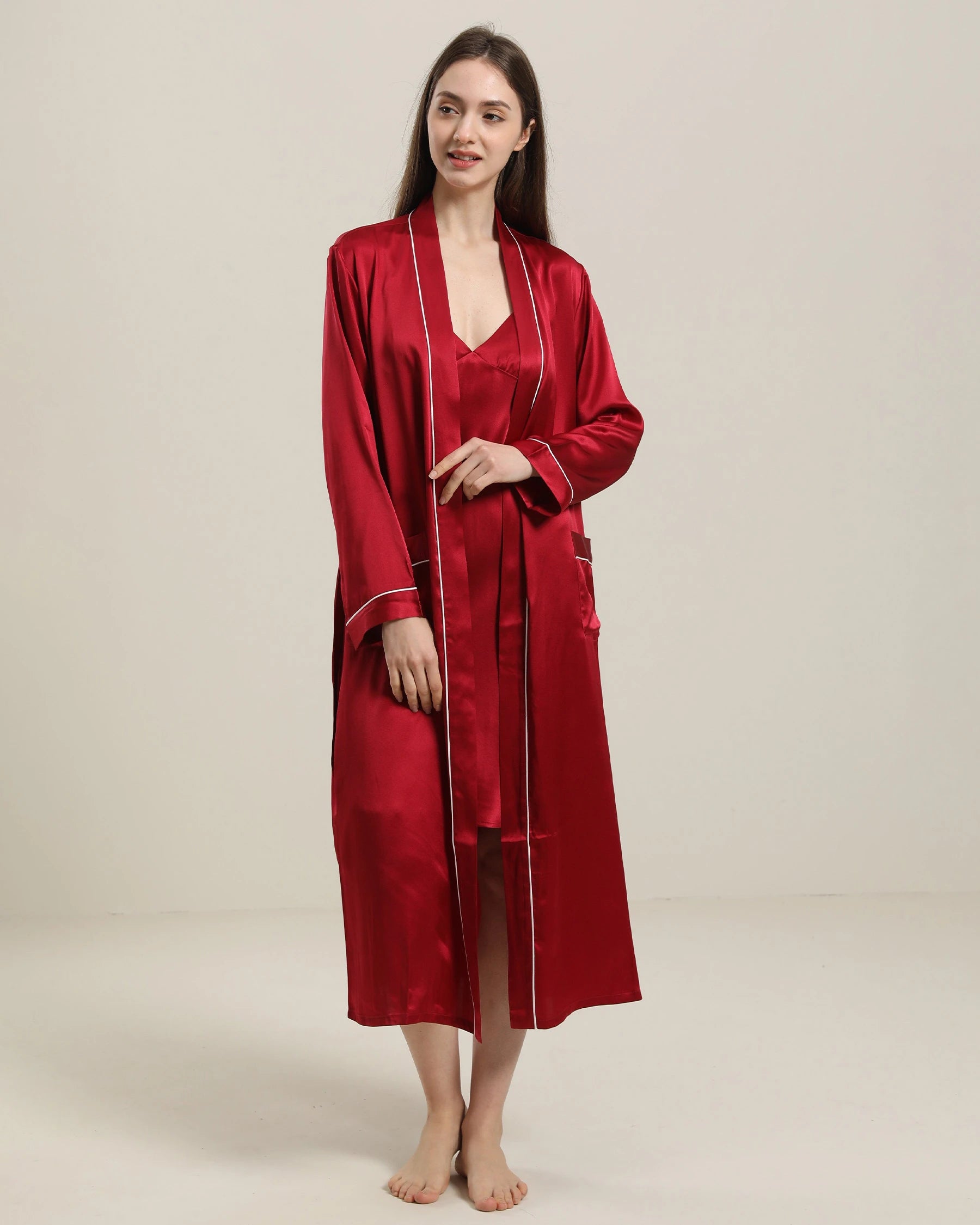 Washable Pure Color Silk Robe For Women Long Sleeve Gown