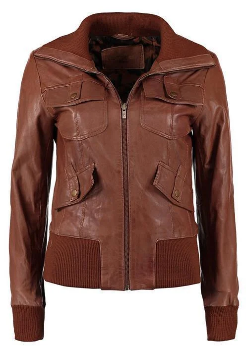 Super Cognac Women Bomber Leather Jackets