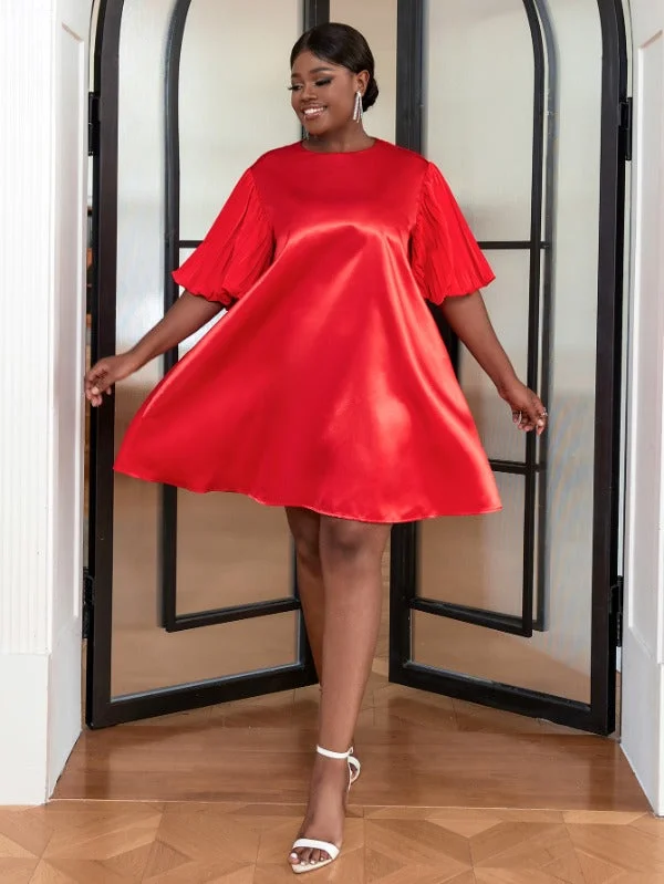 AOMEI Plus Size Red Shiny Loose Shirt Dresses Mini