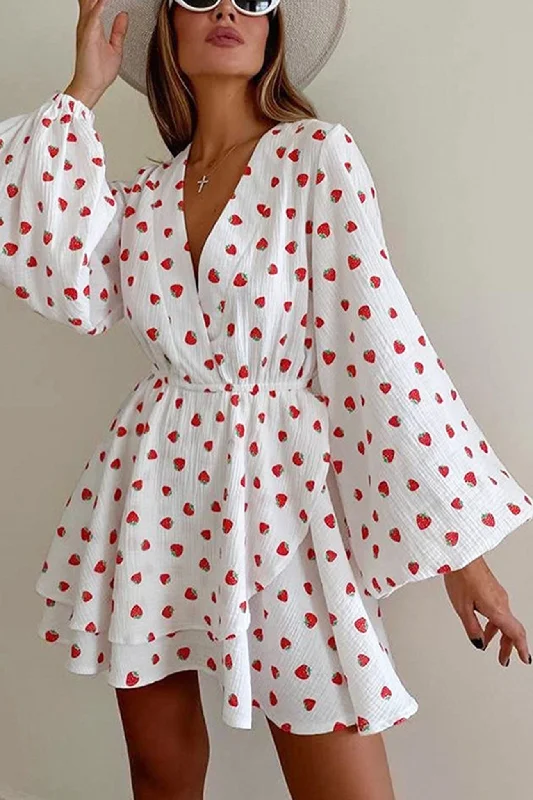 Strawberry Print Puff Sleeve Cotton Dress