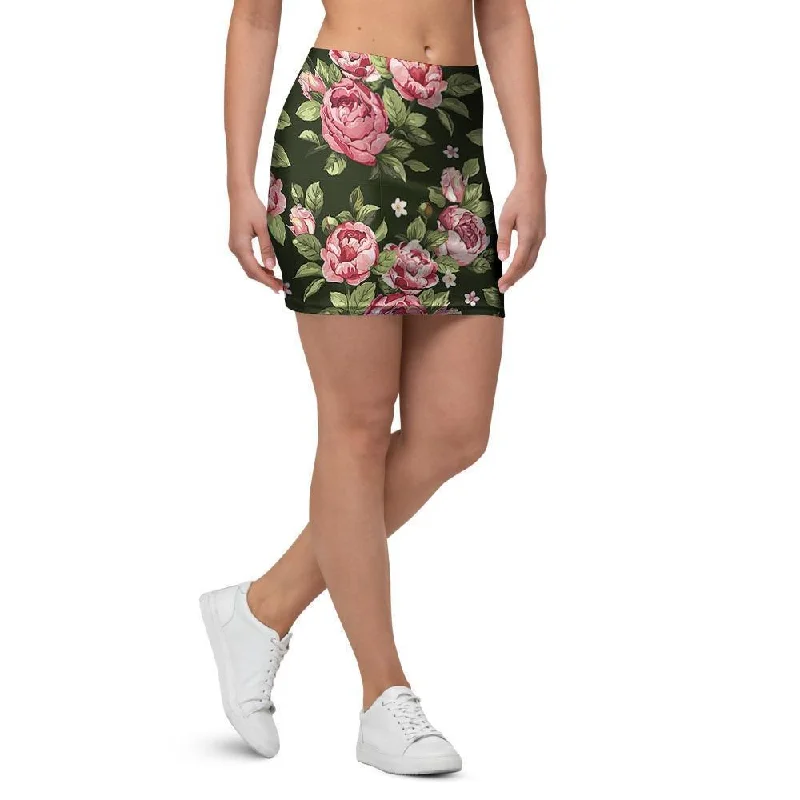 Vintage Pink Rose Floral Print Mini Skirt