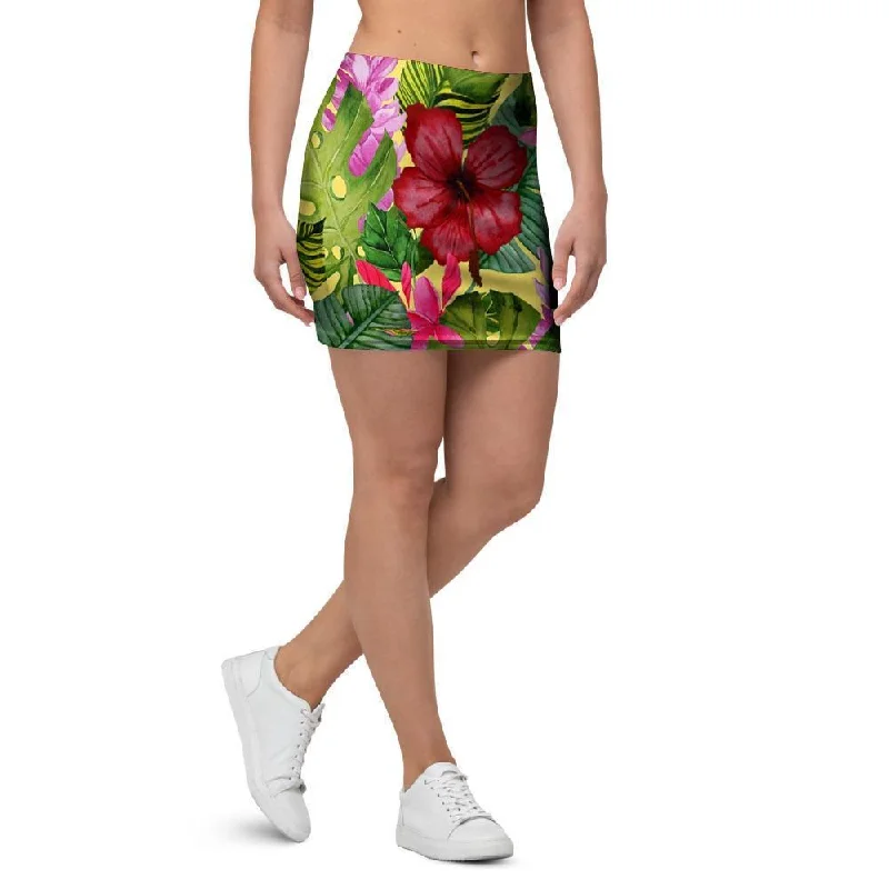 Watercolor Hibiscus Floral Hawaiian Print Mini Skirt