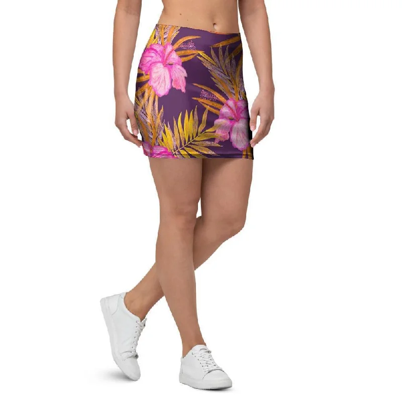 Watercolor Hibiscus Flower Hawaiian Print Mini Skirt