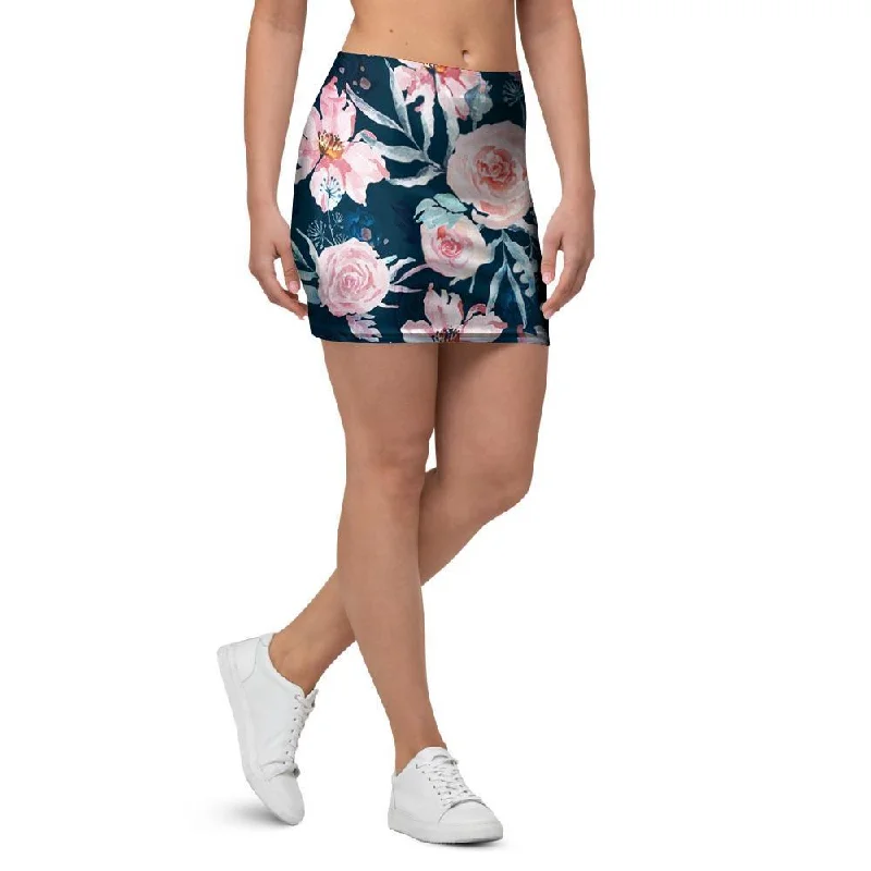 Watercolor Pink Rose Floral Mini Skirt