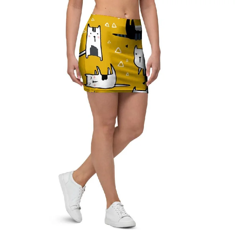 Yellow Doodle Cat Print Mini Skirt