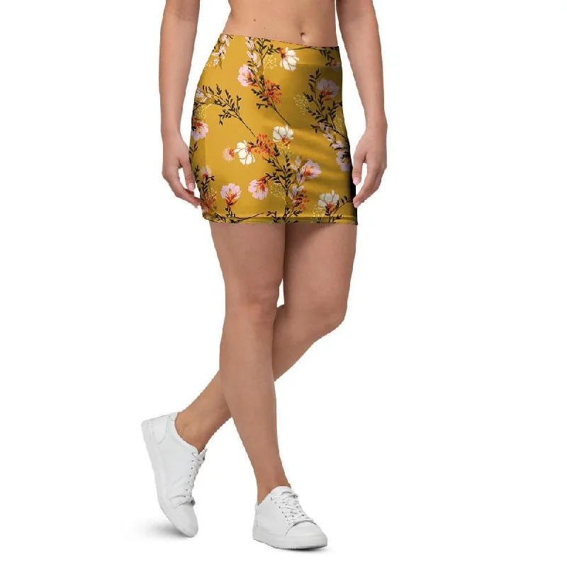 Yellow Floral Retro Print Mini Skirt