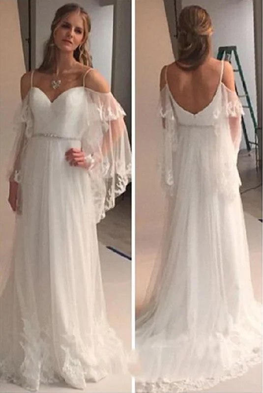 Elegant Cold Shoulders Hippie A Line Tulle Long Sweep Train Wedding Dress DMA97