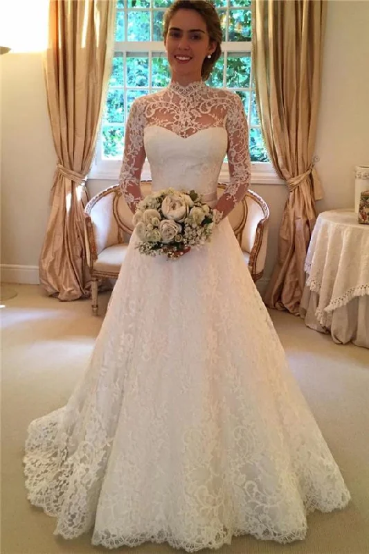 Elegant Lace A-line Long Sleeves High Neck Open Back Wedding Dresses DM542