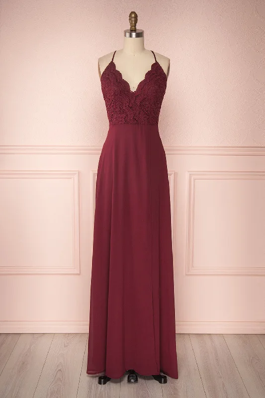 Fabia Burgundy | Lace & Chiffon Maxi Dress