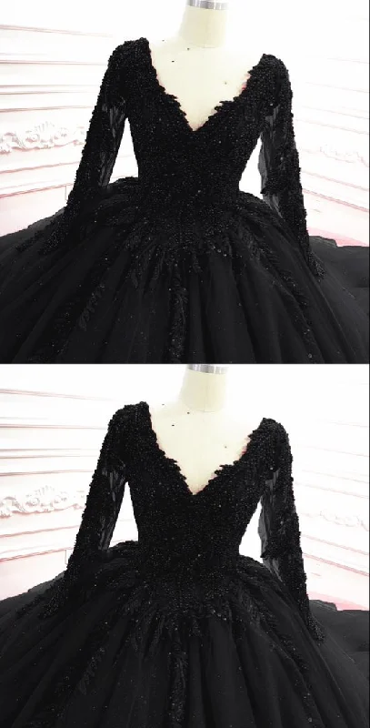 Gothic Black Wedding Dresses With Sleeves Prom Dresses     cg22356