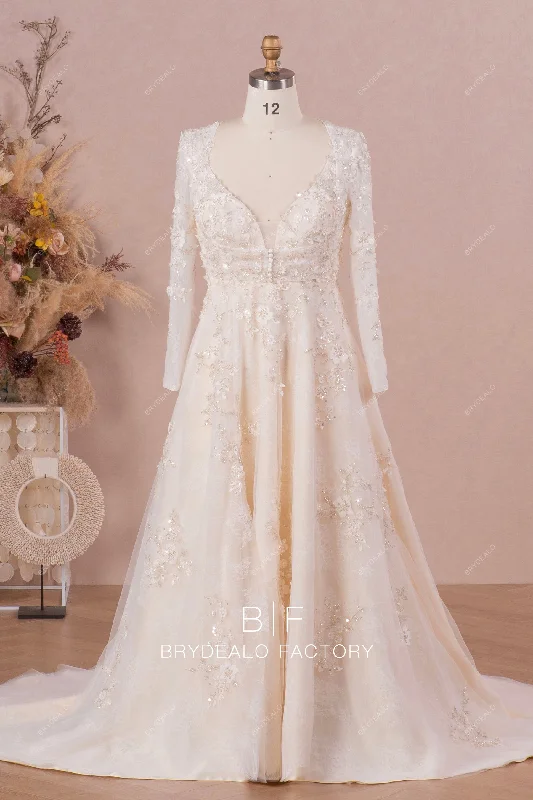 Designer 3D Flower Lace Champagne A-line Wedding Dress with Bolero