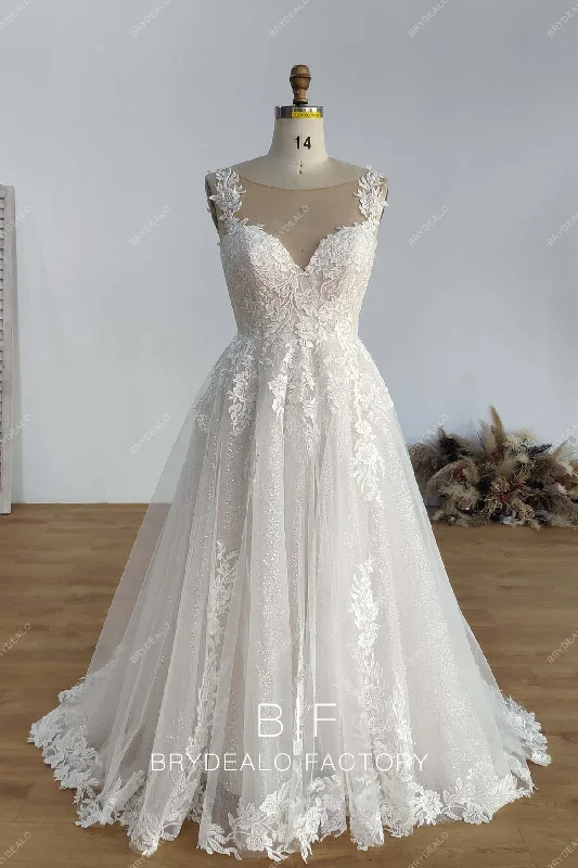 Designer Lace Glitter Ball Gown Rustic Long Custom Wedding Dress