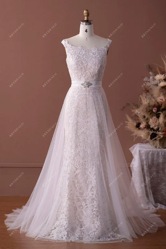 Mordern Lace Mermaid Pink Wedding Dress with Detachable Overskirt