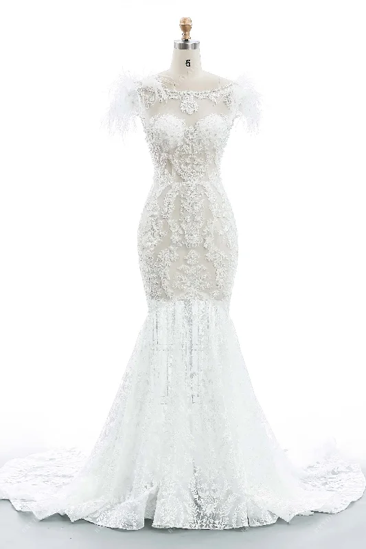 Lace Pearls Feather Sheer Designer Mermaid Wedding Dress