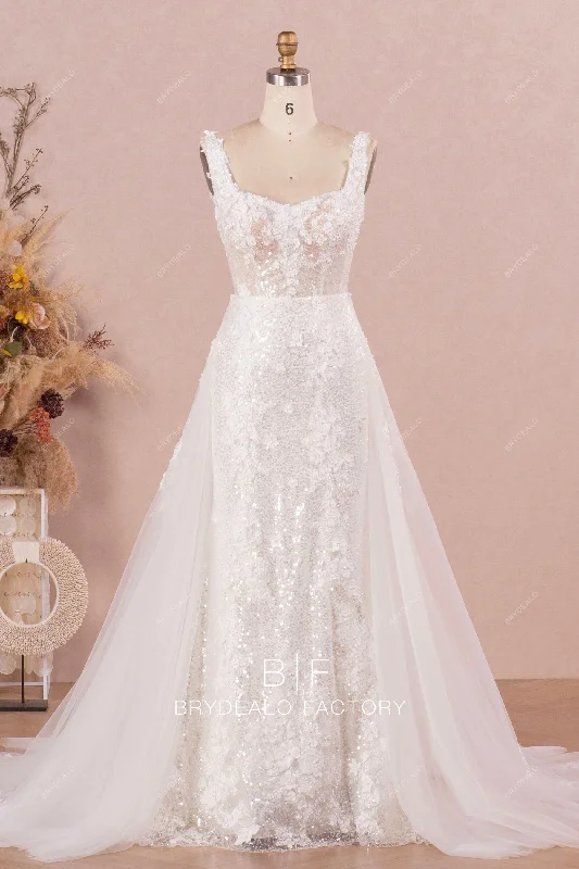 3D Flower Lace Semi Sweetheart Neck Sequin Mermaid Overskirt Wedding Dress