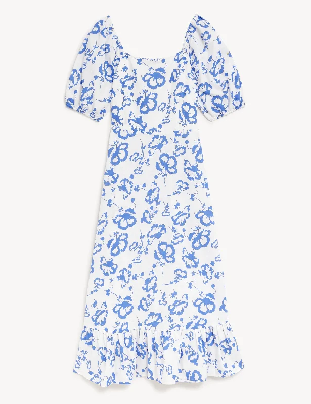 Linen Rich Floral Square Neck Midi Dress