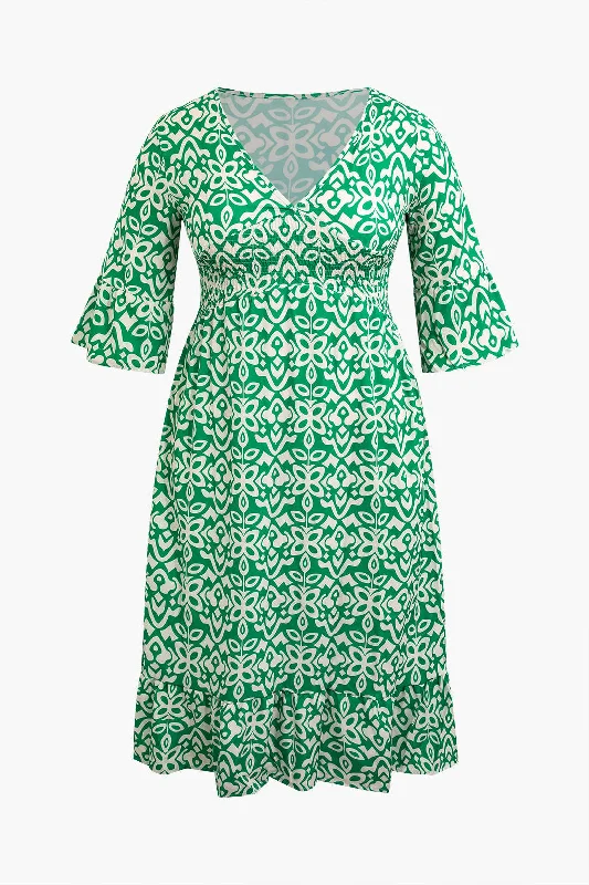 Plus Size Pattern V-neck Midi Dress