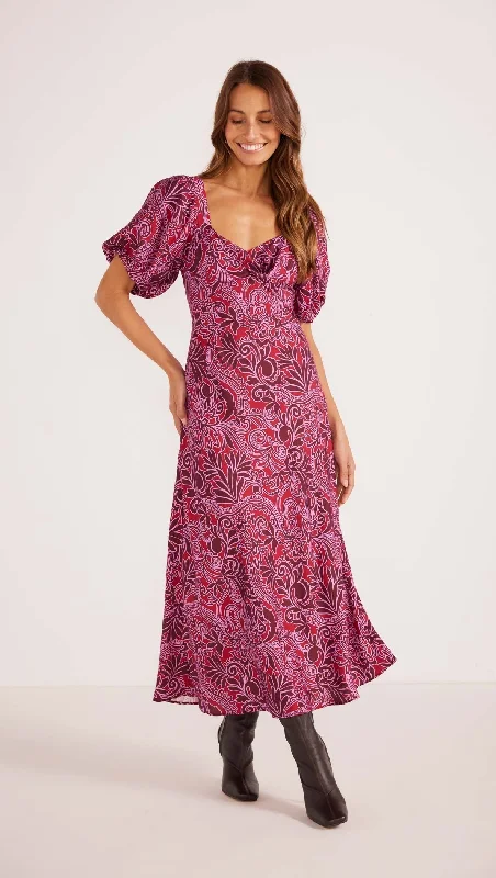 Mink Pink Chiara Puff Sleeve Midi Dress - Merlot Floral