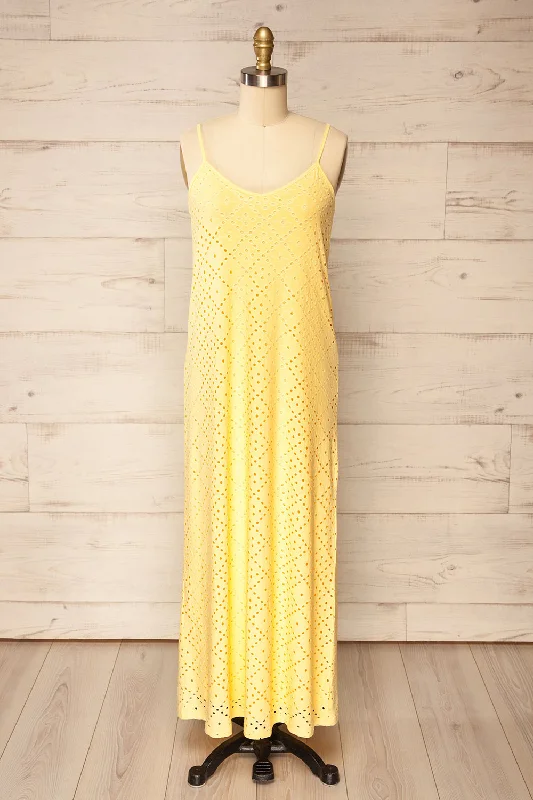 Miraflores Yellow | Straight Cut Maxi Dress w/ Openwork