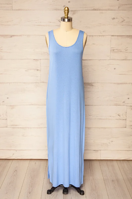 Oswin Blue | Straight Cut Jersey Maxi Dress