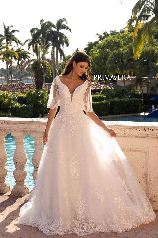 Primavera Bridal 11134 - Flutter Sleeve Plunging Neck Dress