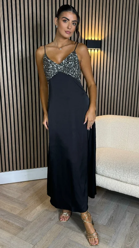 Shelly Black With Silver Sequin Detail Cami Strap Midi Dress