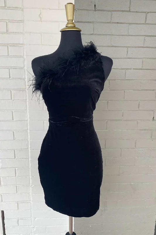 Black One-Shoulder Feathered Bodycon Short Party Dress