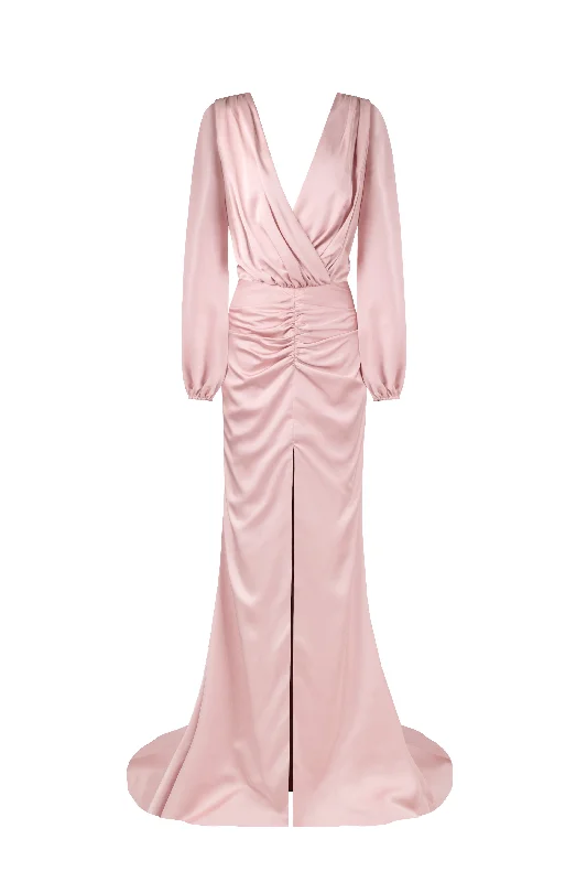 Fancy misty rose silk maxi evening dress