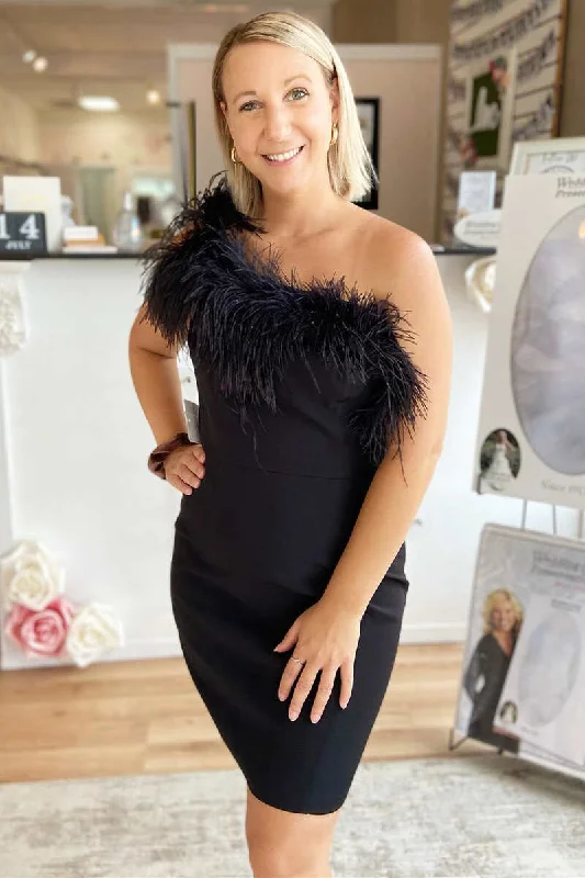 Feathers Black One-Shoulder Bodycon Short Cocktail Dress