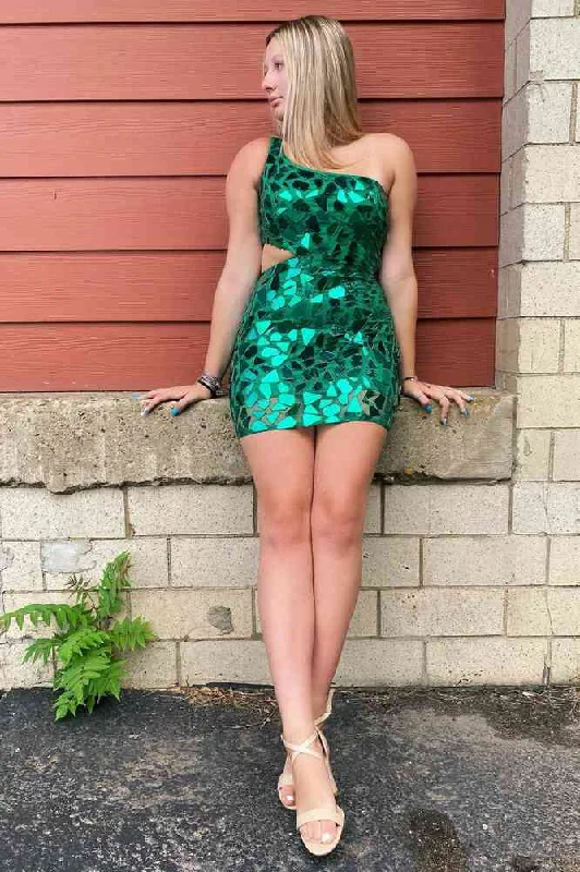 Green Cut Glass Mirror One-Shoulder Cutout Short Party Dress