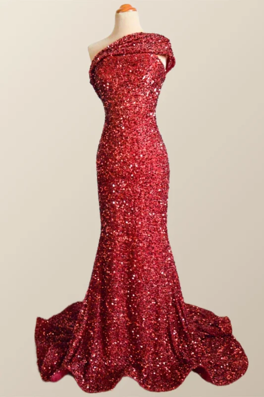 One Shoulder Wine Red Sequin Mermaid Party Dress