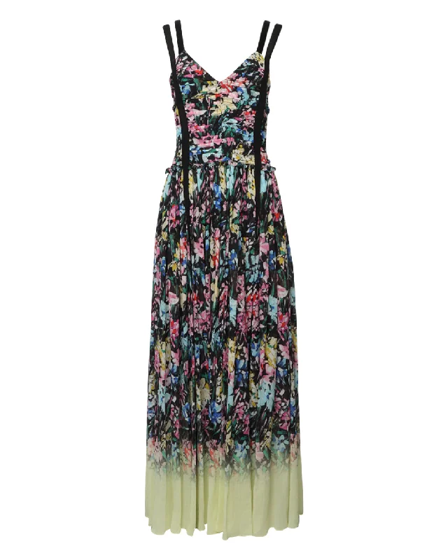 Black Multi Flowerworks Chiffon Dégradé Ruched Gown