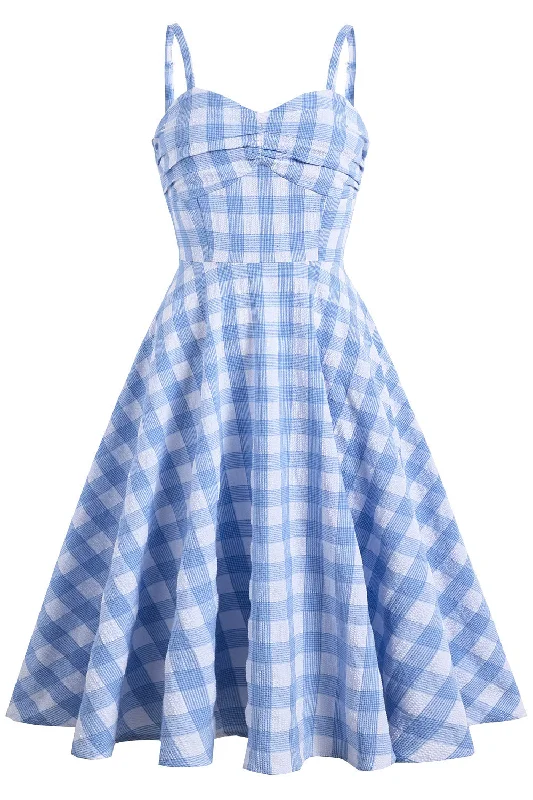 Straps Blue Plaid Swing Dress Holiday Dress