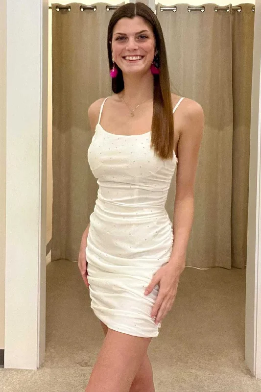 White Beaded Spaghetti Strap Bodycon Cocktail Gown