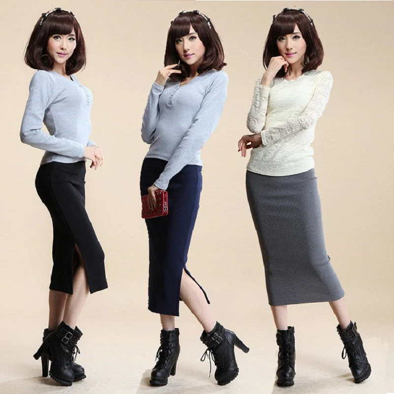 Autumn Winter Women Skirt Wool Rib Knit Long Skirt Faldas Package Hip Split Skirts A919