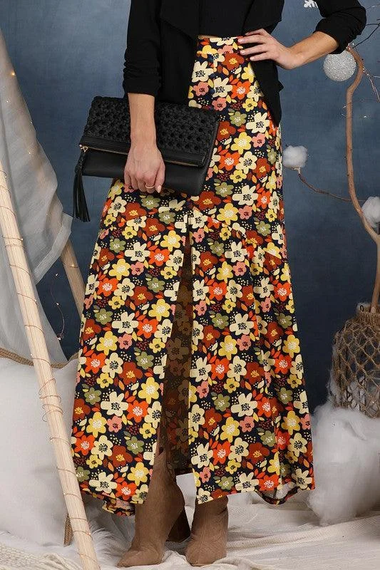 Orange Floral Button Front Maxi Skirt