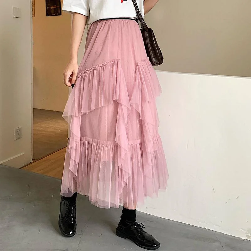 Women's Kawaii Irregular Layered Mesh Long Skirt