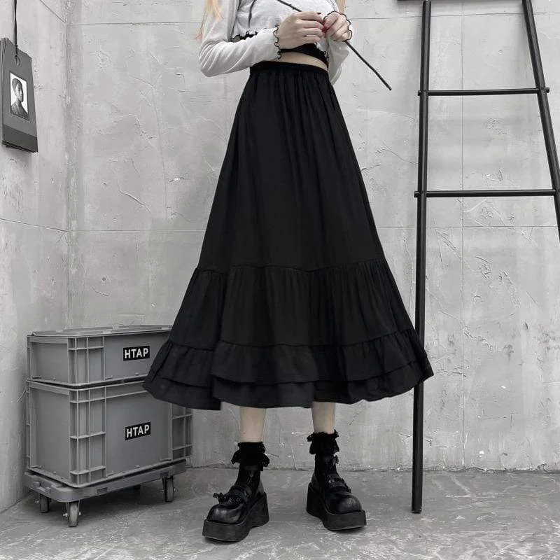 Women's Kawaii Multi-layered Falbala Black Long Skirt