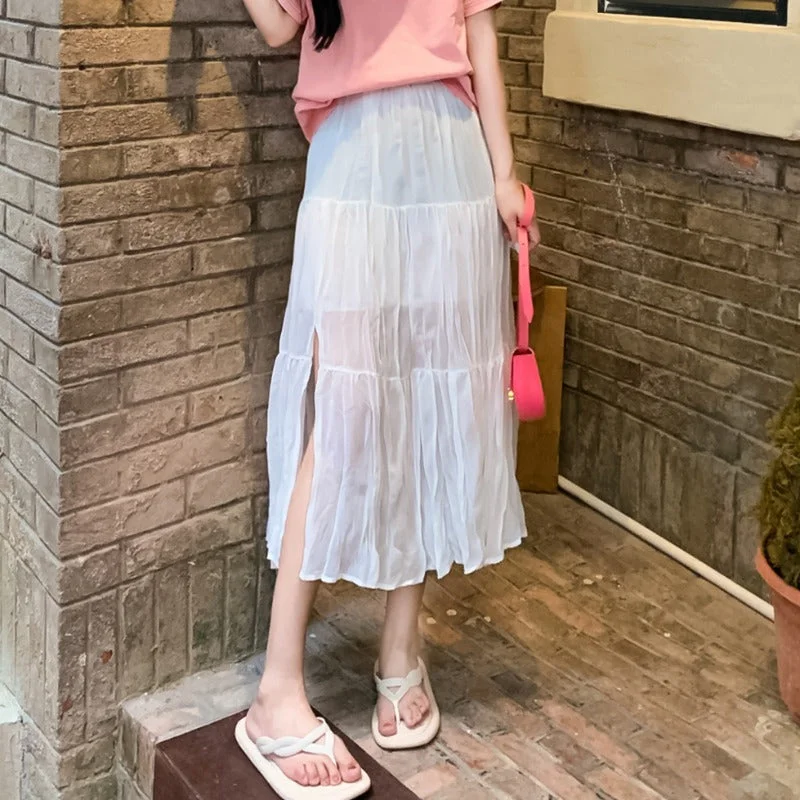 Women's Korean Fashion Side Slit Sheer Maxi Skirt