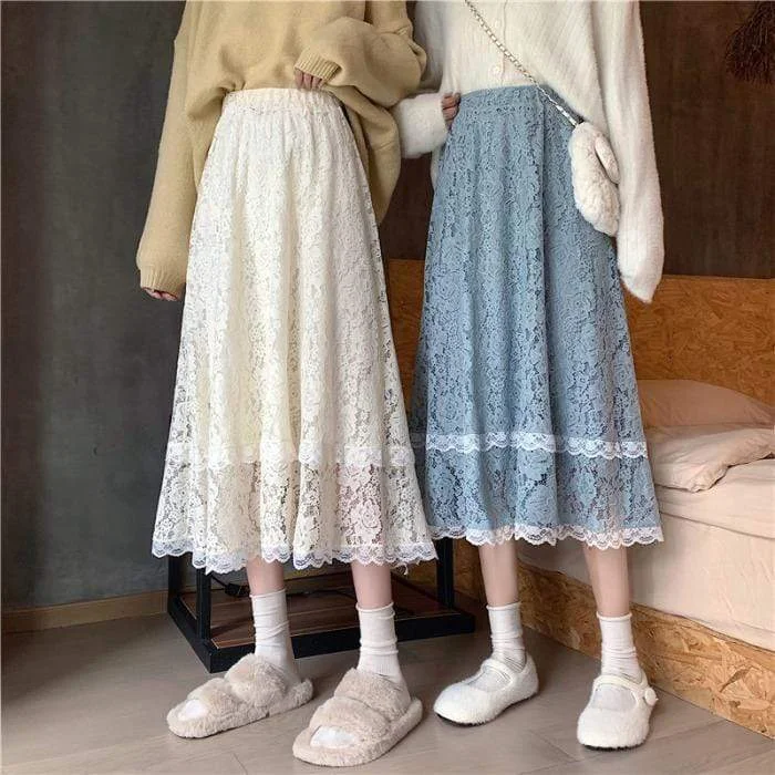 Women's Korean Style Layered Lace Long Skirt