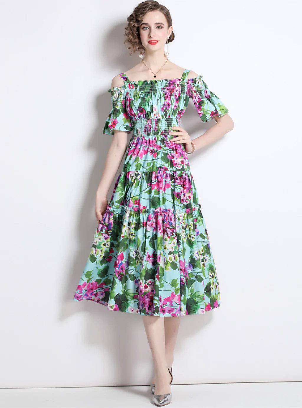 BELLFLOWER PRINT ELASTIC WAIST SLING DRESS