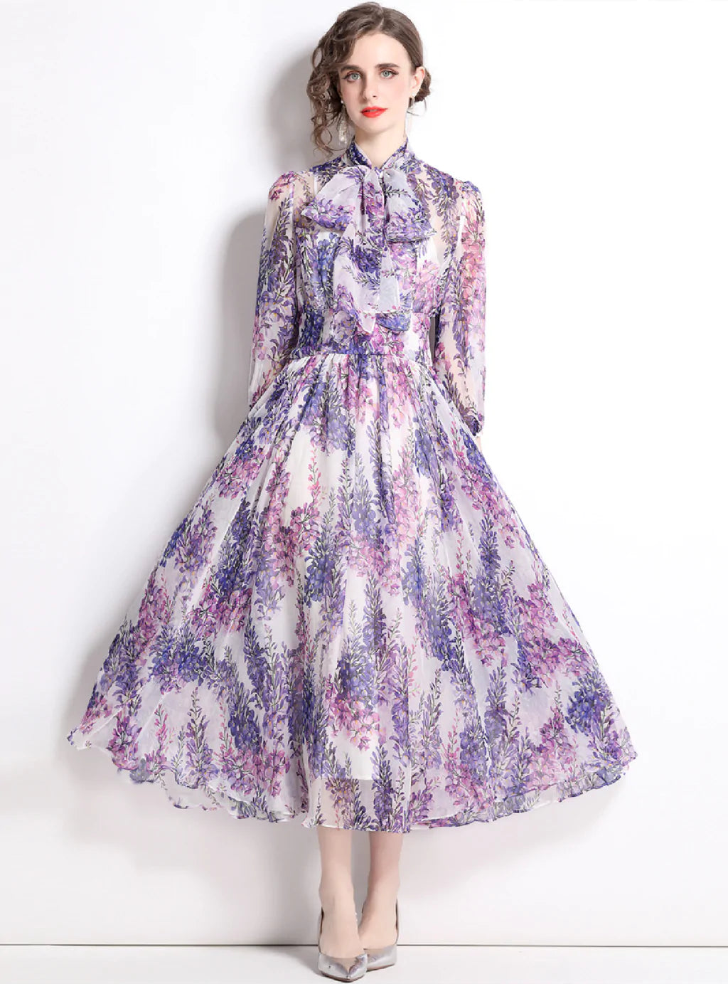 BOW TIE COLLAR LONG SLEEVE WAIST FLORAL CHIFFON DRESS