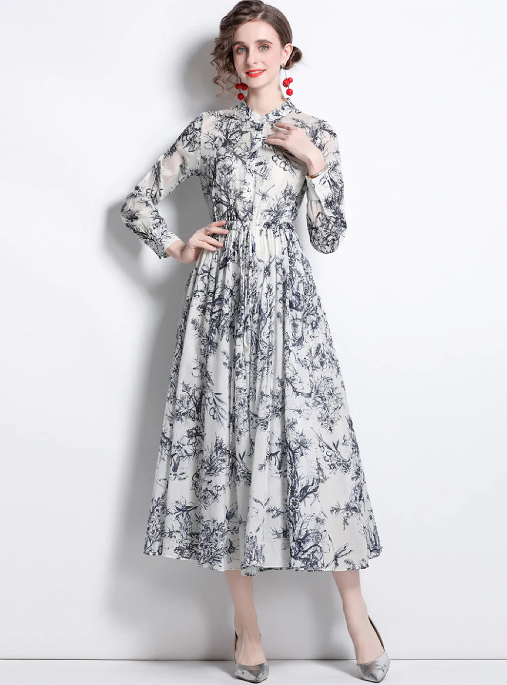 GARDEN FLOWER PRINT LONG SLEEVE DRESS