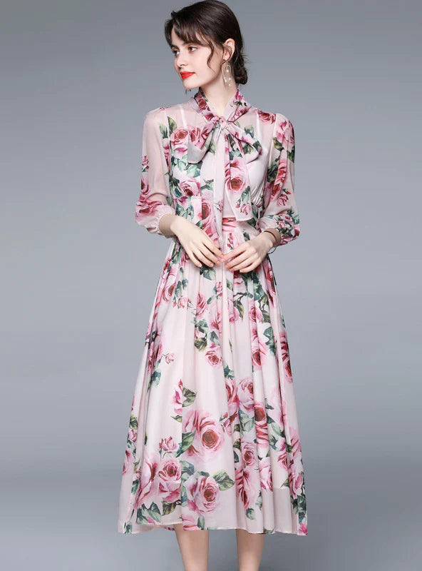 PRINTED LANTERN SLEEVE SLIM CHIFFON DRESS