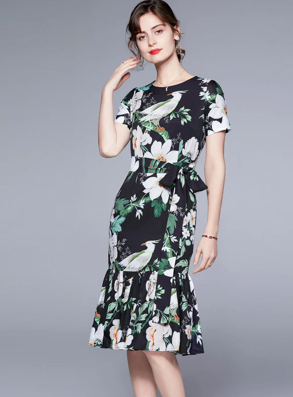 ROUND NECK SHORT SLEEVE FLOWER BIRD PRINT DRESS