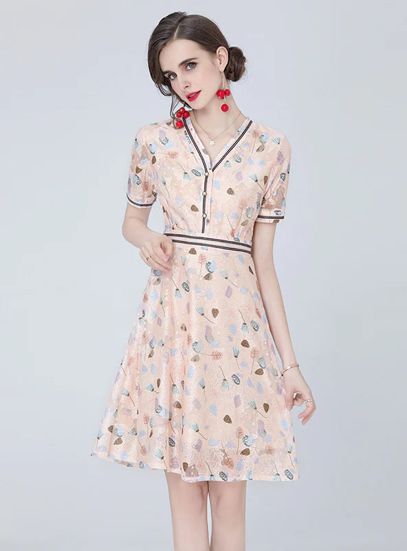 V-NECK FLORAL SHORT SLEEVE CHIFFON PRINT DRESS