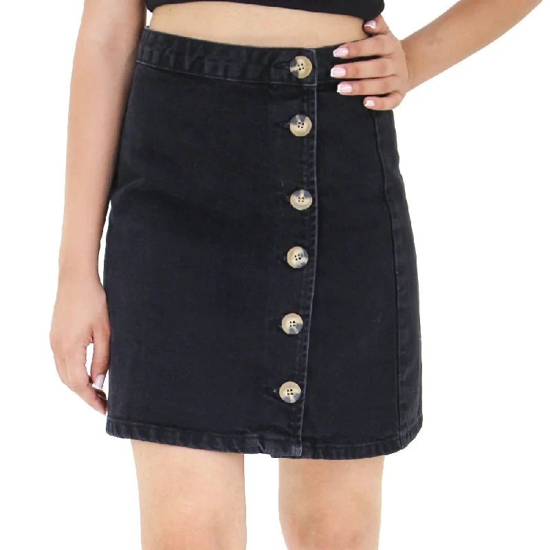 Women's Solid Buttons Denim Skirt,Black