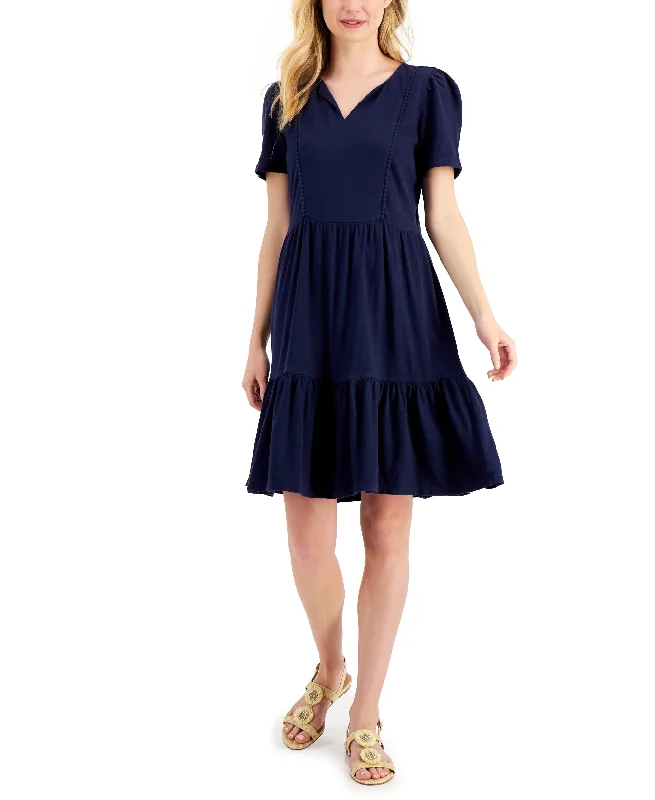 Charter Club Petite Pom Pom Trim Tiered Dress