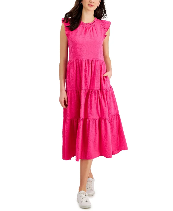 Charter Club Womens Solid Cotton Tiered Dress