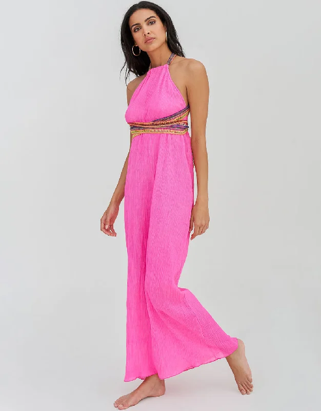 Crinkle Halter Dress - Hot Pink